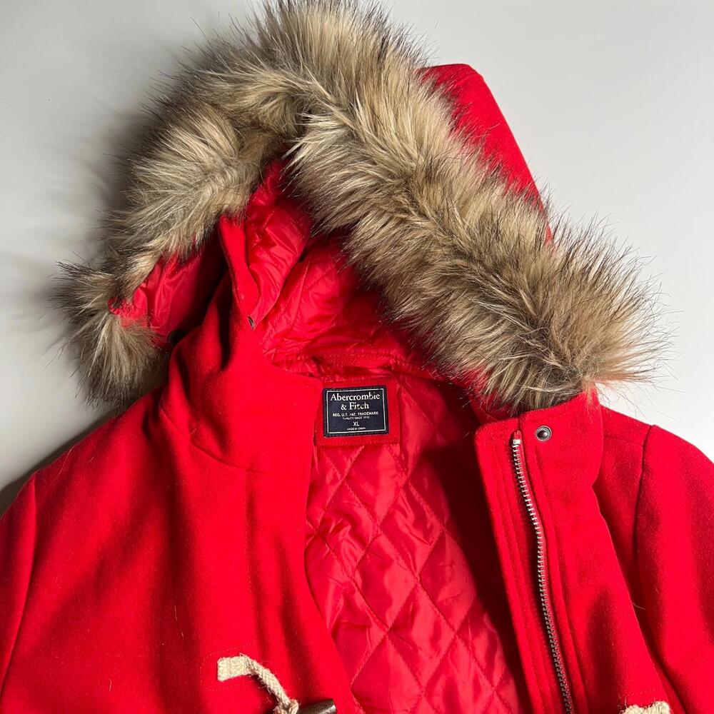 Vintage Abercrombie & Fitch Red Wool Duffle Coat Hood Womens XL Winter Jacket
